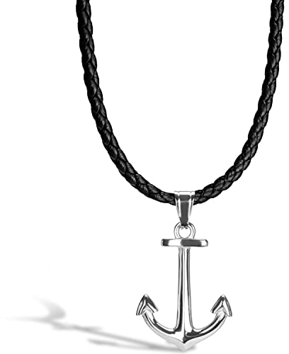 SERASAR Lederkette Herren mit Anker Anhänger - 50cm Silber Lederkordelkette Schmuckschatulle für Geschenk Schmuckband