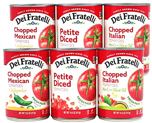 Dei Fratelli Cook's Dinner Prep Variety Tomato Pack - Chopped Mexican, Chopped Italian, Petite Diced – Vine-Ripened Tomatoes - Non GMO, Gluten Free (14.5oz Cans, 6-Pack)