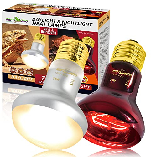 REPTI ZOO 75W Reptile Heat Lamp Bulb, 2PCS Day & Night Basking Spot Light Combo Pack Includes Infrared Heat Lamp and UVA Daylight Heating Lamp Basking Light