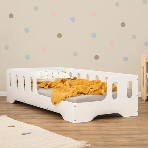 smartwood Bodenbett 80x160 cm mit Rausfallschutz, Holz, Weiß, TILA 1P | Montessori Kinderbett, Lattenrost belastbar bis 230 kg, FSC-Zertifikat, abgerundete Kanten, Einfache Montage, ab 3 Jahren