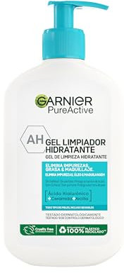 Garnier Skin Active, Pure Active Gel limpiador Hidratante con Ácido Hialurónico, Ceramida y Arcilla elimina impurezas, grasa y maquillaje