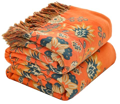 Double-sided Sofa Large Bed Throw Blanket, Bohemian Sofa Large Bed Throw with Tassels for 3 4 Seater,100% Organic Cotton Soft Warm Lightwight Boho Throw for Armchair Couch and Bed. 200x230cm-Orange