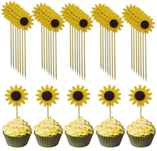 XGNG 60 gelbe Blumen-Kuchenspieße, Sonnenblumen-Zahnstocher, Sommerspieße, Sonnenblumen-Cupcake-Aufsätze für Babyparty, Hochzeit, Party, Geburtstag, Kuchendekorationen