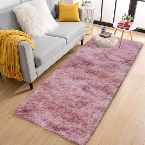 Aspire Homeware mattor vardagsrum – batikfärgade rosa lila mattor för sovrum, halllöpare matta halkfri 60 x 220 cm – moderna supermjuka plyschgolvmattor – fluffig lurvig sängmatta för barnrum