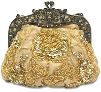 CORIOS Vintage 1920s Perline Borsetta da Sera Pochette con Floreale Donna Clutch con Paillettes Retro Borsa a Tracolla Borsa a Spalla Elegante Borse Messenger per Cocktail Ballo Festa Oro