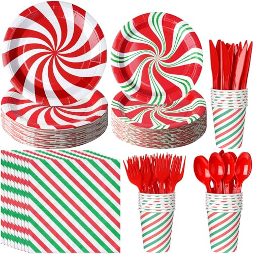 175 Pcs Christmas Candy Cane Party Plates Supplies,Christmas Disposable Tableware Peppermint Swirl Red Green Paper Plate and Napkins Cup Knives Spoon for Christmas Holiday Party Decorations,Serve 25