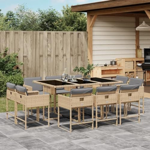 Somanki 11-TLG. Garten-Essgruppe mit Kissen Beigemischung Poly Rattan, Esstisch Mit Stühlen Set, Gartenmöbel Sitzgruppe, Balkon Möbel, Gartenlounge Set, Terrassenmöbel, Balkonmöbel Set - 3278159