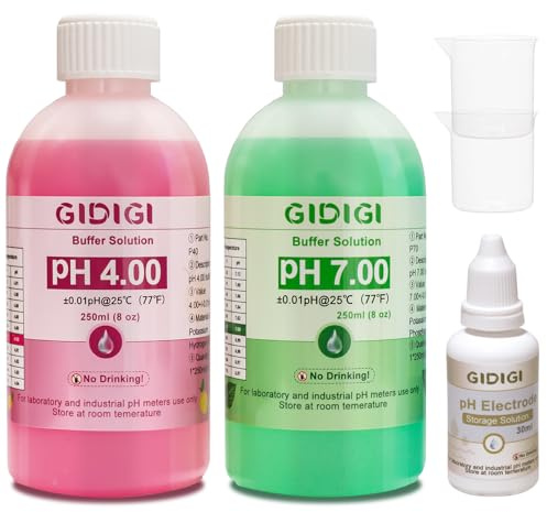 pH Messgerät Kalibrierungslösungs Kit, Enthält pH 4,00, 7,00 und pH Elektrodenschutzlösung, pH Kalibrierungspufferlösung 250 ml*2, pH Sonden Aufbewahrungslösung 30 ml*1, pH Tester Zubehör