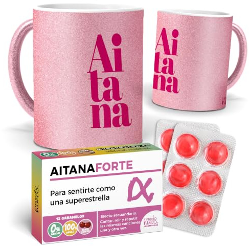 mundohuevo Tazas + Caramelos Divertidos | Aitana | Edición Especial Purpurina Rosa | Mensaje Auténtico para Fans | Tazas para Café, Té... | Regalo para Fans de Cantantes