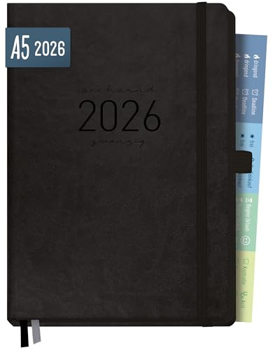 Häfft® Chäff-Timer Deluxe Kalender 2026 A5 mit Kunstleder-Einband All Black Buchkalender, Terminkalender mit Stiftschlaufe, Gummiband & Einstecktasche - nachhaltig & klimafreundlich