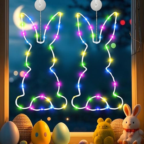 FUFRE Osterdeko LED Fenster Licht, 2er Set Lichterkette Ostern Deko mit Timer/Saugnapf, Osterdeko LED Osterbeleuchtung Batteriebetrieben, wasserdicht Beleuchtete Fensterdeko, für Ostern Deko (A)