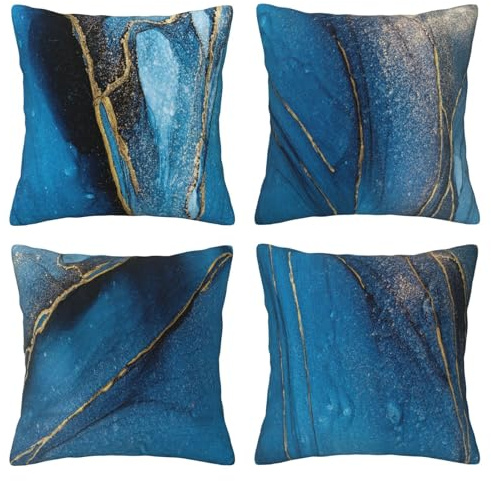 DILOXNSU Blau Gold 4er Set Kissenbezug 40x40 cm Samt Kissenbezüge Marmortinte Abstrakte Kunst Dekokissen Sofakissen Modern Kissenhülle Weiche Deko Kissen für Sofa Couch Schlafzimmer