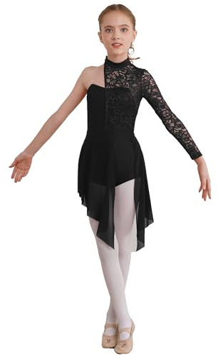 Zaldita Girls Lyrical Dance Dress Long Sleeve Asymmetrical Hem Leotard Figure Skating Dance Skirt Ballerina Costume Black 9-10 Years