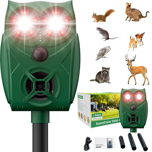 VxoDhuuo Katzenschreck, Katzenschreck Abschreckung für Gärten UK, Tierschreck Ultraschall mit Flamme Blinklicht & PIR Sensor 5 Einstellmodi, IPX4 Wasserdicht Solar USB Aufladen für Katze Fuchs