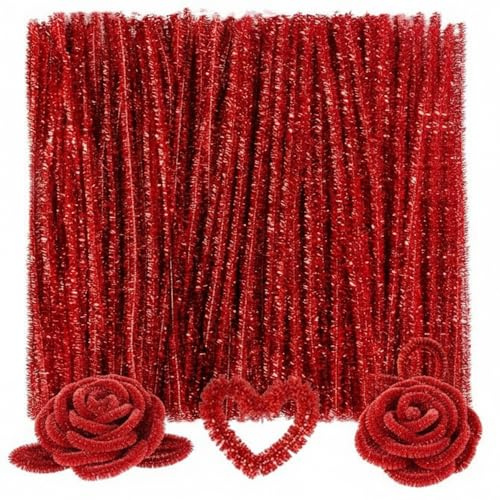 Caydo 200 Pieces Glitter Red Pipe Cleaners,Thick Fluffy Chenille Stems, Pipe Cleaner Crafts for Arts & Crafts, Perfect for Making Animals, Flowers, and Valentine's Day Decorations
