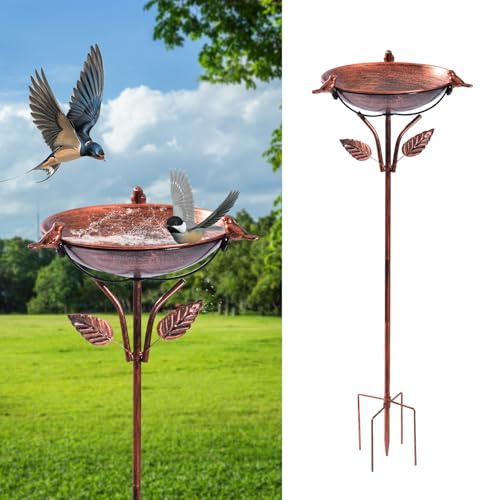 Restorgan Vogelbad für den Garten – Stehende Vogeltränke aus Metall, 35 Zoll Vintage Freistehend mit stabiler 5-Zinken-Basis, Groß & Frostsicher Winterfest, mit 3 niedlichen Vogel-Dekoren für Garten