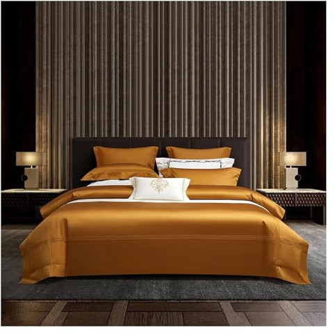 Conjunto de Ropa de Cama de Lujo de algodón Pima de 200S Juego de Tapa nórdica de algodón Largo de Gran estúpido con la Cama de Almohada de Cama Sedosa de Cuatro Piezas (marrón, sábana Plana-Reina