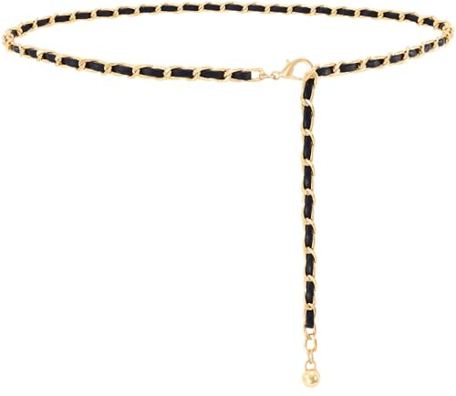 WHIPPY Metal Chain Waist Belt for Women Adjustable Leather Link Chain Belts for Dresses Jeans, Gold Black, M