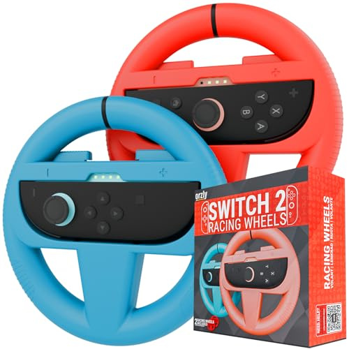 Orzly Volants de Direction Compatibles avec Switch 2 (Console 2025) – Pack de Deux Volants de Course pour Manettes Joy-Con et Jeux de Karting (1 Rouge, 1 Bleu)