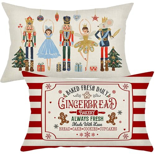 ILMFMY Weihnachten Kissenbezüge 30x50 2er Set – Leinen Kissenhüllen mit Nussknacker & Lebkuchen Motiv, Vintage Weihnachtskissen für Sofa & Wohnzimmer, pflegeleicht, atmungsaktiv & festliche Winterdeko