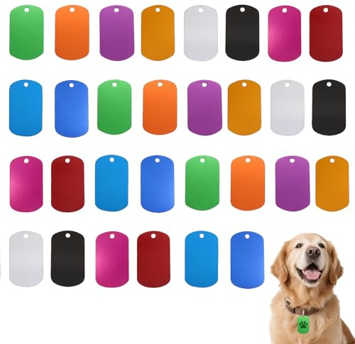 Luxvara 30 Stück Stanzrohlinge aus Aluminium Rechteck Blank Tags, Bunte Hundemarken, Aluminiumgravur Rohlinge, Gelochte Blanko-Hundemarke, Erkennungsmarken zum Graviere für Schlüsselanhänger 10 Farben
