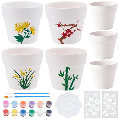 WEBEEDY 4 Sets DIY Ceramic Succulent Pots Pottery Painting Kit for Beginner | DIY Paintable Ceramics Vases, with Flower Stencils, Paints, Paint Your Own Plant Pots, Craft Gift for Birthday Holiday