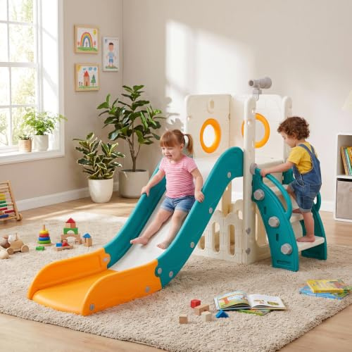 Kinderrutsche, Indoor & Outdoor Rutsche ab 1 Jahre, Freistehende Rutsche | für 1-3 Jahre, mit Stauraum & Spielteleskope, Gartenrutsche, Kinder Spielplatz, mit 2PCS Moduls, Gelbgrün