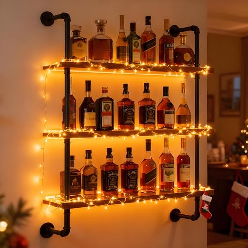 32 Modern Wall Mounted Wine Rack with LED Lights, 3-Tiers Industrial Pipe Liquor Floating Shelves, Rustic Metal Wall Wine Rack for Home, Restaurant, Commercial Bar, Kitchen Storage Display