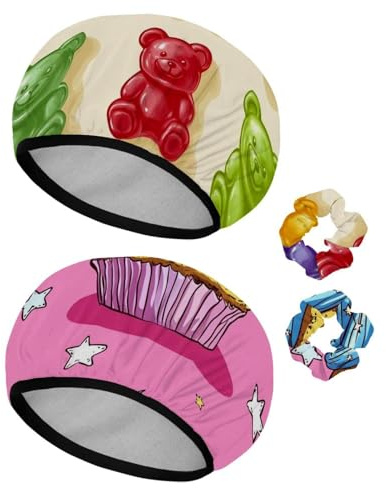 Reusable Shower Cap for Women, Large Waterproof Shower Bonnet Washable Elastic Band Bath Hair Hat for Long Hair, colorful gummy bears (1)