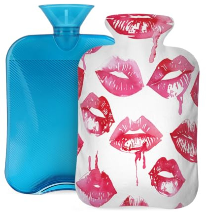 Wärmflasche aus Gummi mit weichem Bezug, romantischer roter rosa Lippenstift, sexy Druck, 2 l, Wärmbeutel zur Schmerzlinderung, Wärme- und Kältetherapie