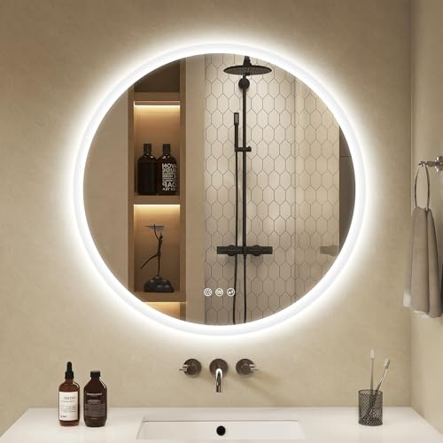 S'bagno rund badrumsspegel med belysning – 70 cm, badrumsspegel med belysning och Bluetooth, dimning, 3000K/4000K/6500K, dimbar, HD-härdat glas, minnesfunktion, IP44