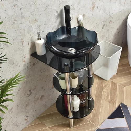 Moderno lavabo in vetro con ripiano a 2 ripiani e rubinetto, soluzione salvaspazio per bagno