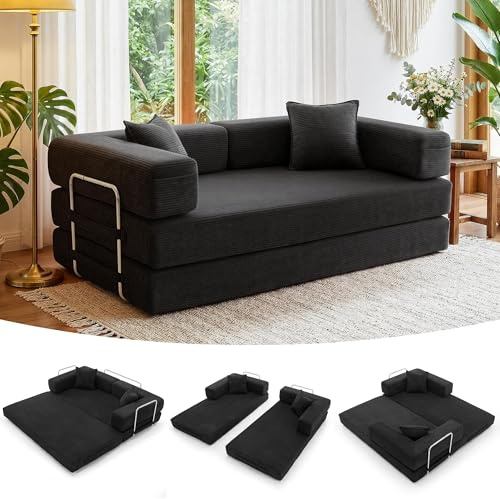 YINIX Vikbar 3-sits Gästsäng Klappbar Bäddsoffa 200cm Bredd XXL Säng, Modulär Golvsoffa, Molnsofa i Manchester med Metallram, Halkfri, Tvättbar (Svart, 200cm (3-sits))