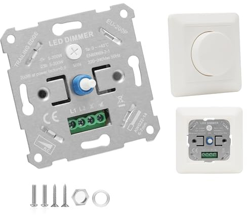 Dimmer Schalter LED 230V Dimmschalter mit Drehknopf, Universeller Dimmer für Dimmbare LED-Lampen 5-200W, Unterputz Lichtschalter Dimmbar Drehdimmer Blende Weiß, für Schlafzimmer Wohnzimmer