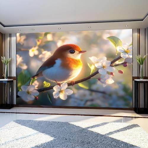 Carta da Parati Fotografica Uccelli piccoli uccelli e fiori Sfondo Murale 350 x 250 cm Marrone Moderno Decorazione per Soggiorno Camera da Letto Sala Ufficio