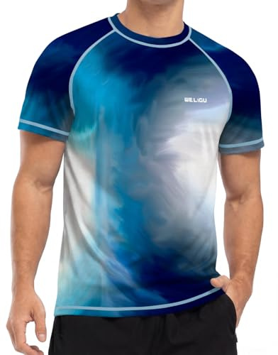 WELIGU Schwimmshirt Herren Kurzarm UPF 50+ UV-Shirt Rashguard Badeshirt | Schnelltrocknend, Leicht, Atmungsaktiv, Feuchtigkeitsableitend, 4-Wege-Stretch, Lockere Passform, Raglanärmel, Allover-Druck