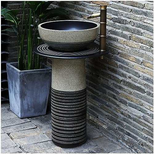LQAIomn Freestanding Pedestal Bathroom Sink, with Pedestal Hard and Easy to Clean Floor Standing Wash Basin Unit with Faucet&Pop Up Drain for Indoor and Outdo(Without Mirror)