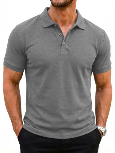 Runcati - Polo estivo da uomo a maniche corte - Tinta unita - In cotone - Per il golf - Vestibilità regolare, grigio, L