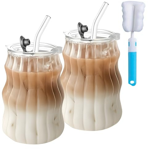 TW1TGOFT 2Pcs 530ML Glass Mugs with Straws - Clear Iced Coffee Cup Matcha Ribbed Wavy Glass Cups Matcha Glasses with Lid & Cup Brush for Ice Coffee Juice Drink Milk Tea Cocktail Birthday Gifts
