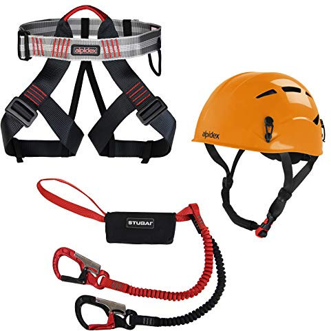 ALPIDEX Kletterhelm Klettergurt + Stubai Klettersteigset Basic 3.0, Farbe:Sunset orange, Größe:Gurt - Universalgröße/red Pepper