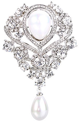 EleQueen Women's Silver-tone Austrian Crystal White Simulated Pearl Teardrop Bridal Brooch Clear