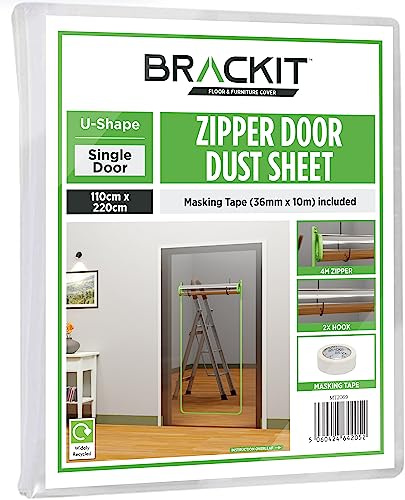 brackit Feuille anti-poussière en forme de U pour porte avec fermeture éclair pré-assemblée 4 m 100 cm x 220 cm (1 m x 2,2 m) avec ruban de masquage 36 mm x 10 m
