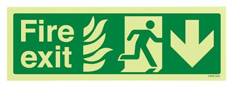 V Safety Glow In The Dark NHS Fire Exit Arrow Down Sign - 300mm x 100mm - Self Adhesive Vinyl