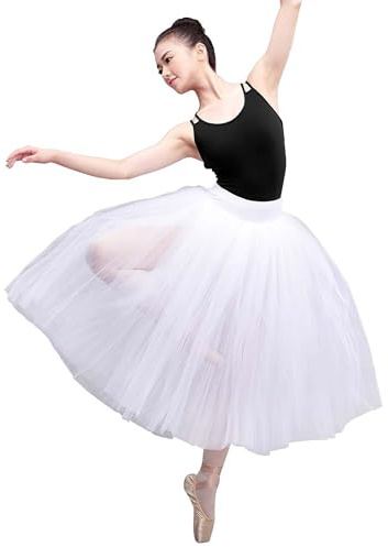 Daydance White Women Ballet Tutu Long Tulle Dance Skirt with Underpants for Performance