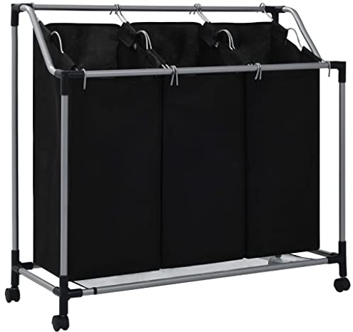 vidaXL Wäschekorb mit 3 Taschen Rollen Wäschewagen Wäschesammler Wäschesortierer Wäschebox Wäschesack Wäschetonne Wäschetruhe Wäschebehälter Schwarz Stahl