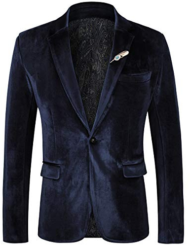WEEN CHARM Velvet Blazer for Men Slim Fit One Button Sport Coat Tuxedo Jacket for Prom Wedding Party Dinner Navy Blue