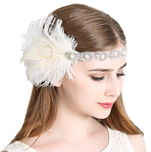 Flapper Gatsby Headband 1920s Headpiece Retro Style Roaring 20s Accessories for Costume Prom Wedding Party (White feather)