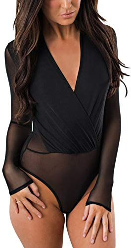 SEBOWEL Women Black Bodysuit Sheer Mesh Long Sleeve V Neck Romper Jumpsuit Body Suit Top, Black, S