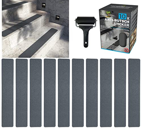 cocofy Strisce Antiscivolo per Scale Interne ed Esterne | 10 Strisce di Nastro Antiscivolo Grigie (61x10 cm) | Antiscivolo Scale con Speciale Superficie per Esterni| Strisce Antiscivolo con Rullo