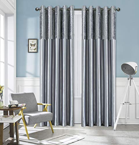 ROOEE Crushed Velvet Faux Silk Curtains - Eyelet Ring Top and Fully Lined (Silver, 66 Wide x 72 Drop)
